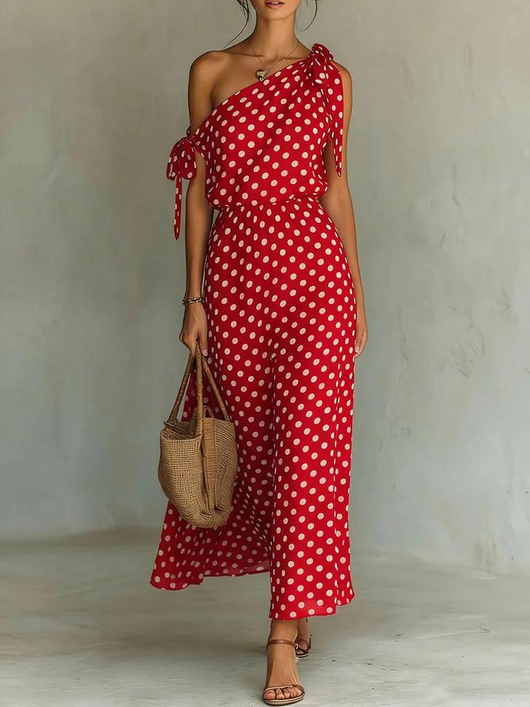 2026 European & American Style Women's Off-the-Shoulder Sleeveless Polka Dot Casual Dress