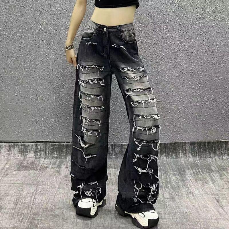 Plus Size Womens Distressed Jeans High Waist Loose Wide Leg Streetwear Denim Pants