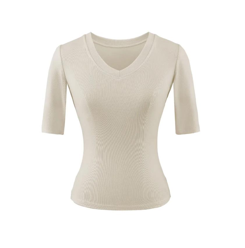 V-neck medium-sleeved T-shirt women's summer new American Spice Girl solid color slim-fitting and thin basic bottoming shirt top