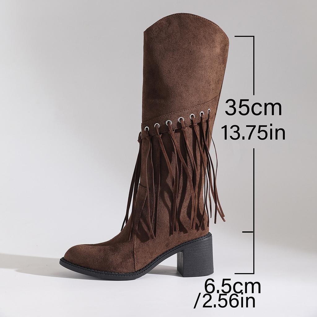 Women's Fringe Brown Boots Side Zipper Retro Long Boots Suede Knee High Plus Size 36-43 Autumn Chunky High Heel Bottes Femmes