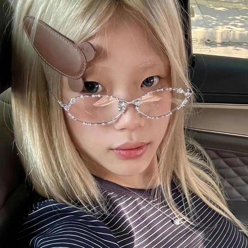 Fashion Diamond Ellipse Glasses for Women Crystal Bowk Metal Blue Light Blocking Glasses Japanese Retro Reading Y2K Eyeglasses