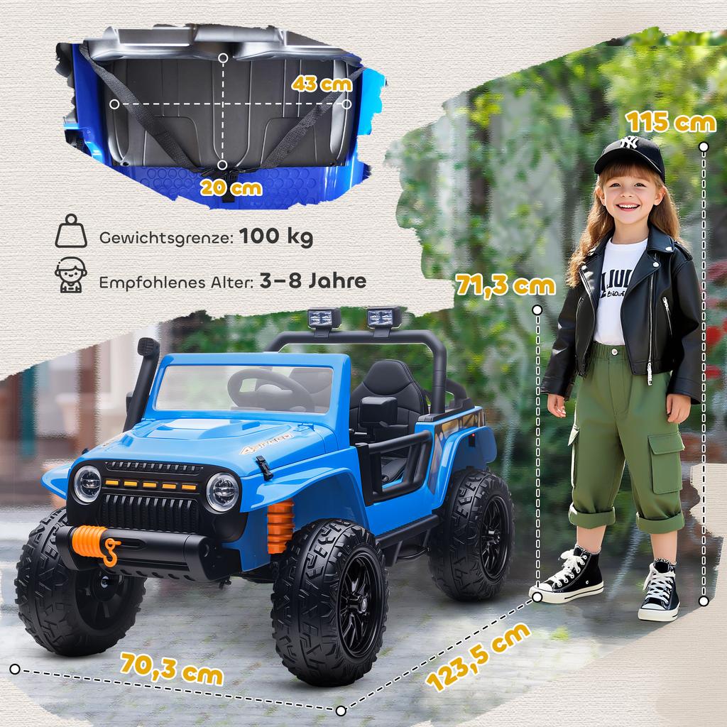 Electric Vehicle for Kids, 12V Battery, with Parent-Child Seat, Remote Controllable, Music, Horn, LED Lights, 3-8 Years, Blue