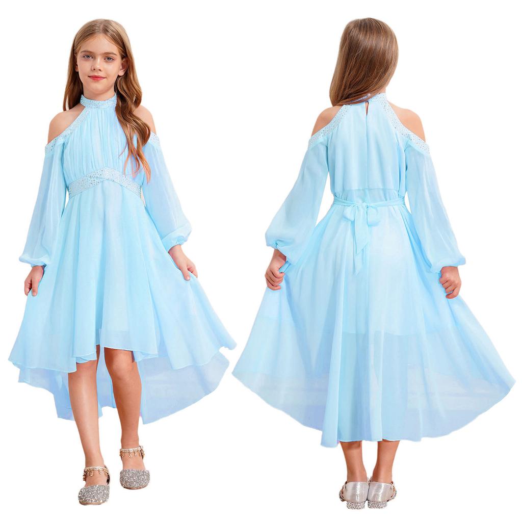 Children‘s High Waist Ruffled Dress Halter Off Shoulder Long Sleeve Irregular Hem Fake Diamond Embellished for Prom Wedding Party