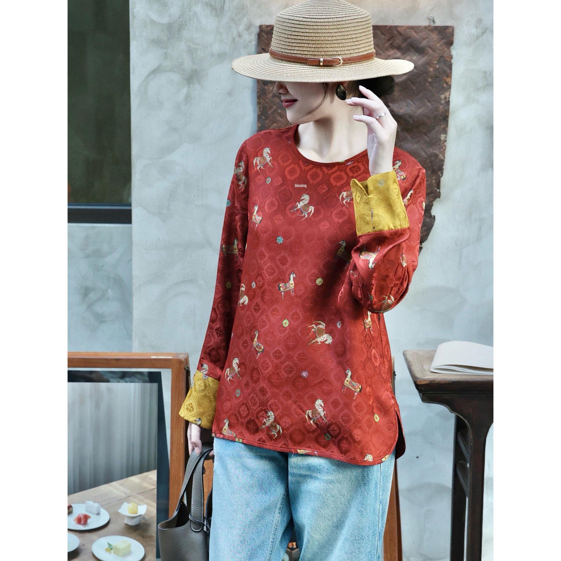 

Golden Saddle Jacquard Silk Xiangyun Women s Round Neck Shirt - Spring 2026 Chinese Style Top XL червоний