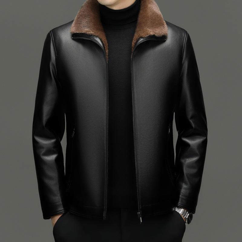 Haining Leather Jacket Men's Winter Fur Integrated Leather Jacket New Thickened Warm Jacket Velvet Leather Jacket Men