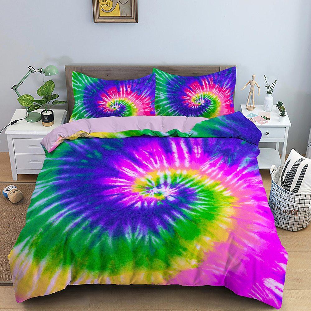 Three-Piece 3D Digital Printing Rainbow Color Striped Quilt Set Three-Piece Bedding