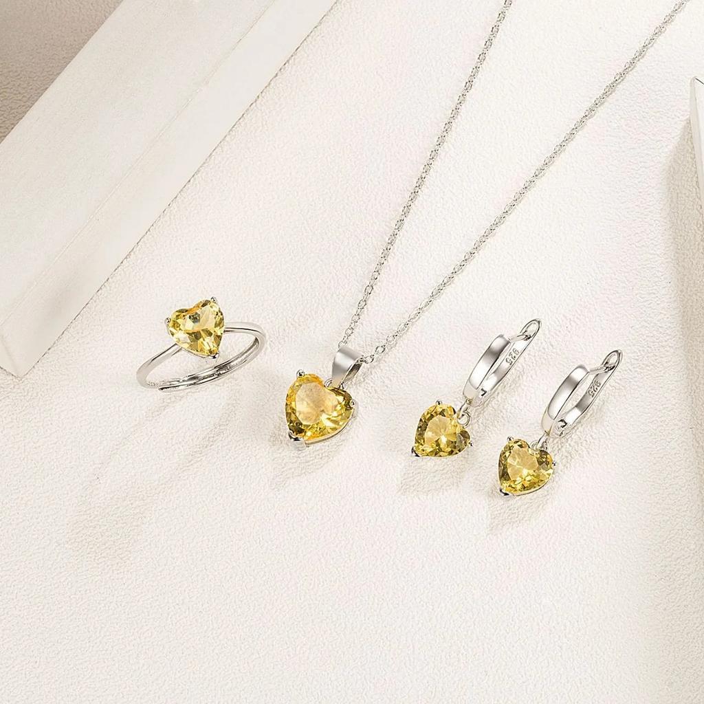 Fine 925 Silver Jewelry Gift Sets for Women Female Romantic Heart Zircon Huggie Earrings Pendant Necklace Ring