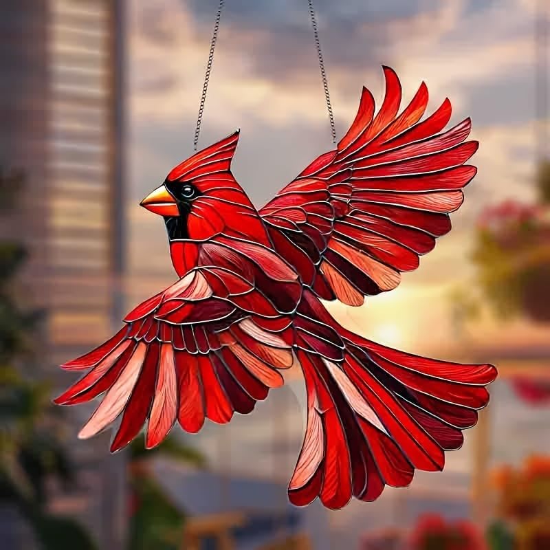 Red Hierarch Stained Window Hanging Ornament, Bird Flying Shape Garden Stained Acrylic Window Panel, Great Gift for Mom Grandma and Birds Lover for