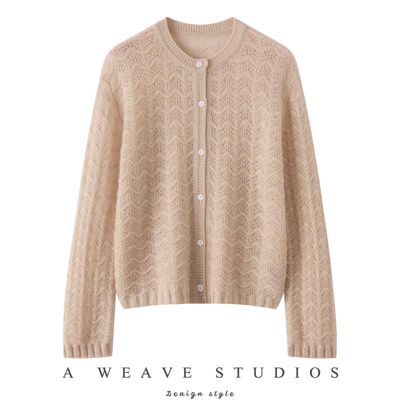 2025 A/W Women's Round Neck Wave Pattern 100% Cashmere Cardigan Sweater