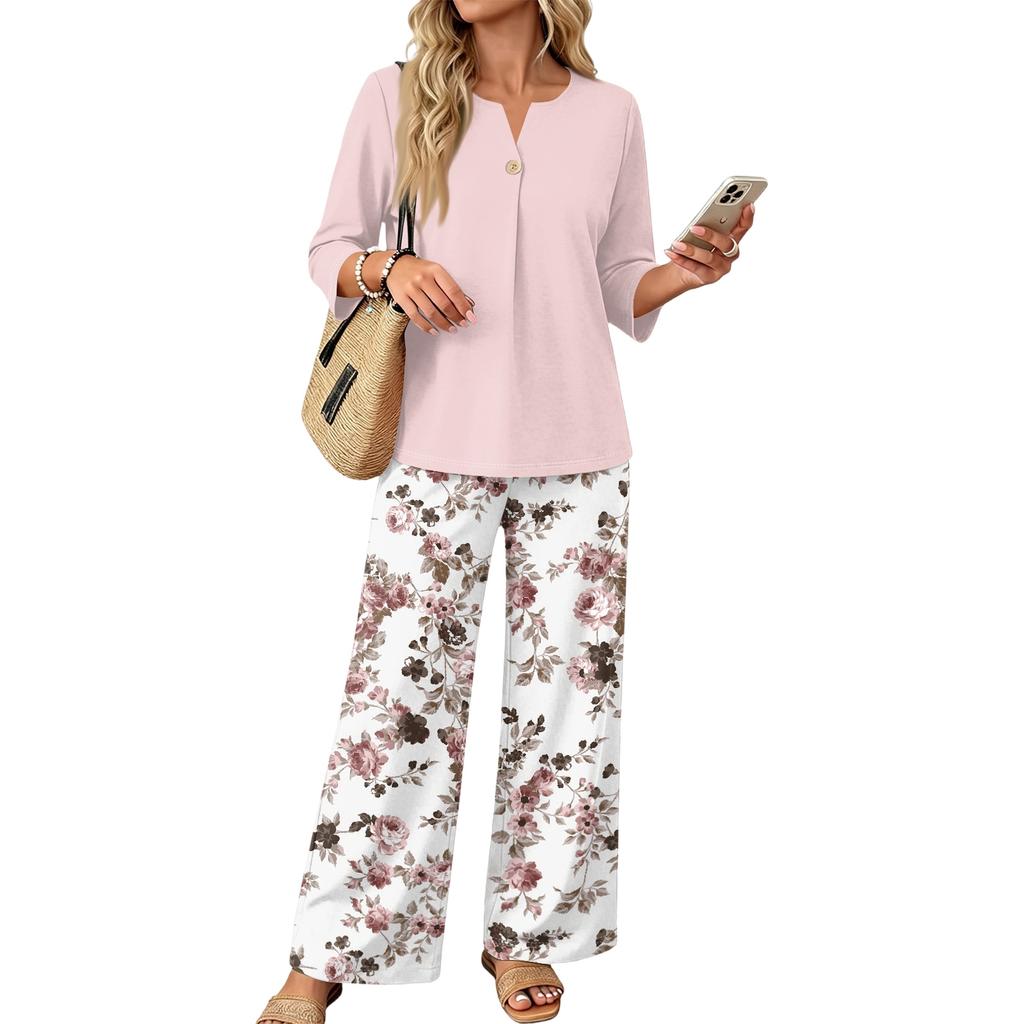 Women's Casual Printed Three-Quarter Sleeve Button Top and Wide Leg Pants 2-Piece Outfit Set