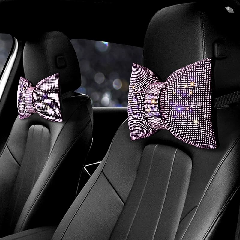 Surpassme 2PCS Rhinestone Car Headrest Neck Pillow For Driving With Bling Bling Crystal Bow Pillow Car Accessories For Women (Silver/White)