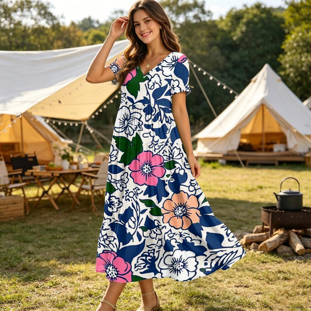Frauen Casual Lose Bohemian Blumenkleid Kurzarm Lange Maxi Sommer Strand Swing Kleid