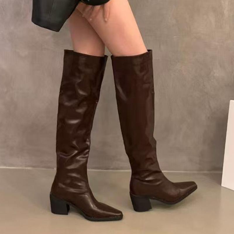 High Heels Women's High Boots Luxury Pointed Toe Chunky Shoes Fashion Chelsea Boots New Pumps Fashion Leather Mujer Botas