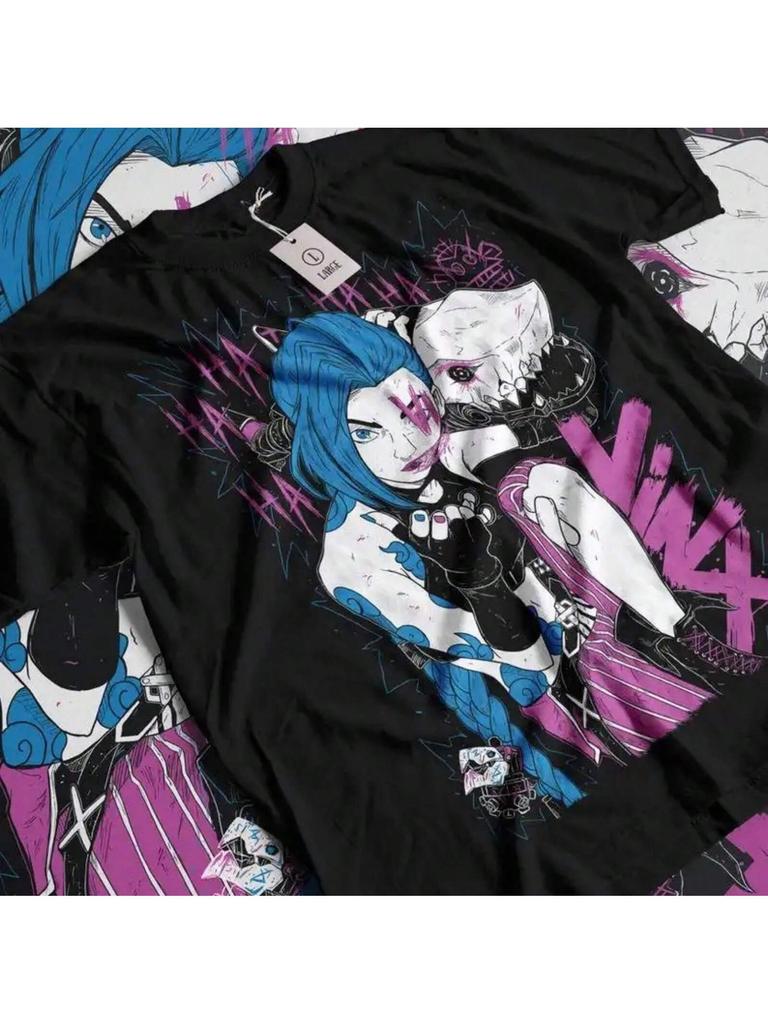 Jinx Arcane T-Shirt Japanese Anime Cartoon Jinx Arcane Graphic Black Shirt All Size