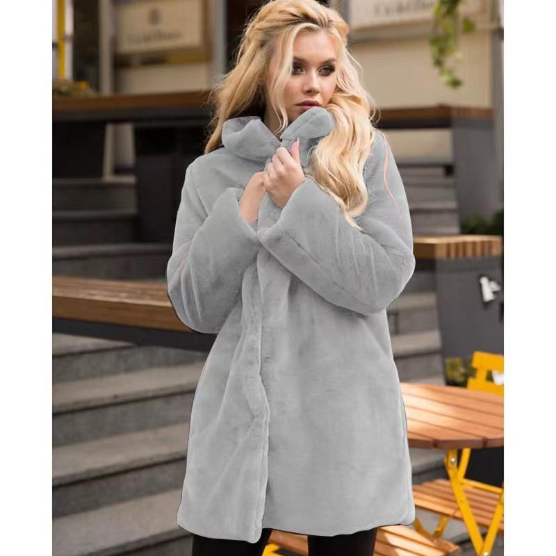 Womens Faux Fur Coat Stand Collar Winter Mid-Length Streetwear Light Luxury Outerwear