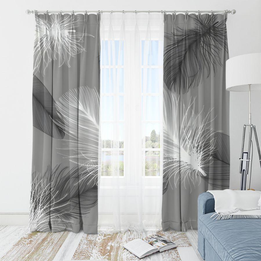 2pcs- Pure Black and Gray Feather Polyester Curtains, Pole Bag Curtains 42 * 84, Bedroom, Living Room, Family Room Decoration