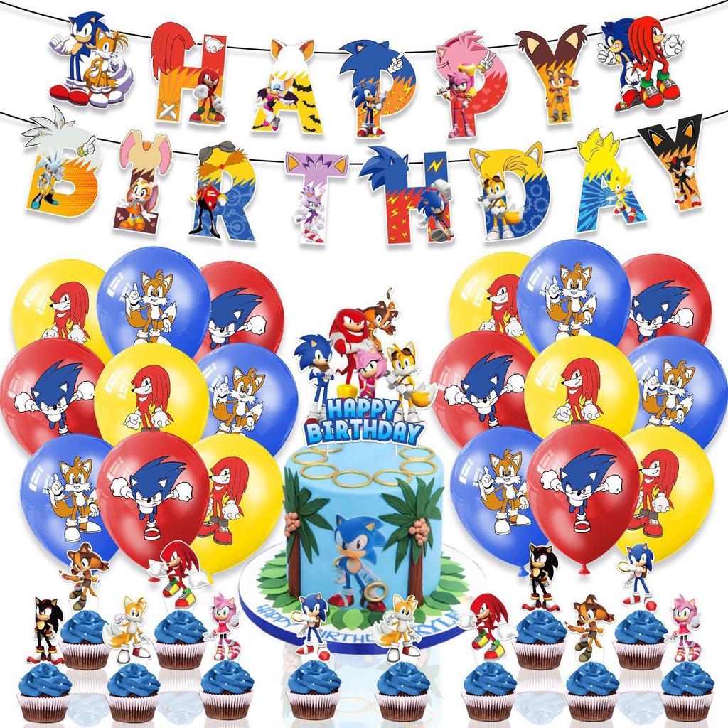 Sonic the Hedgehog-Themed Birthday Party Decoration Set: Children's Birthday Banner, Cake Topper, and Balloon Set