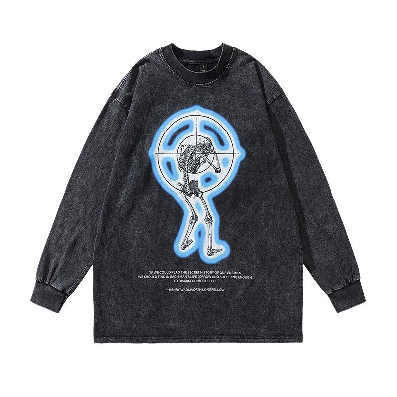 American Retro Printed Long-Sleeved T-Shirt Ins High Street Trendy Brand Washed Old Men'S Oversize Bottoming Top