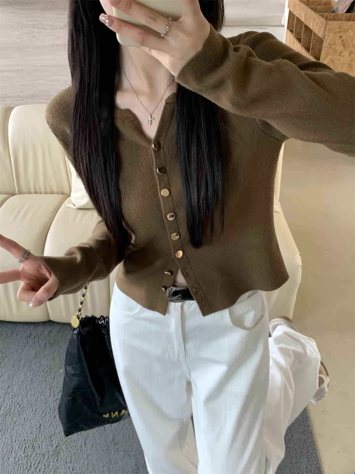 

Fashionable small gold button cardigan jacket women s spring and autumn age-reducing long-sleeved bottoming knitted sweater top sweater L хакі
