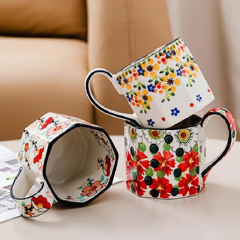 400ML Retro Blumenbecher Keramik Kaffeetasse Polygon Milchteetasse Küchenbar Zubehör Frühstück Milchbecher Büro Trinkbecher