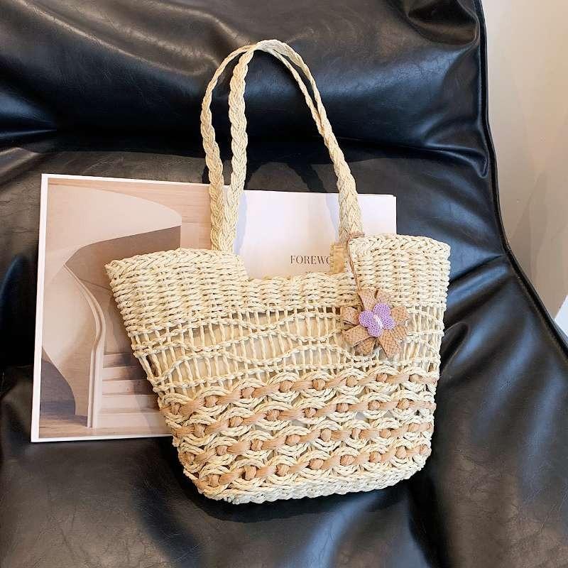 Hollow Zipper Straw Bag Women's Seaside Vacation Lazy Wind Handwoven Bag Large Capacity Shoulder Beach Tote Bag