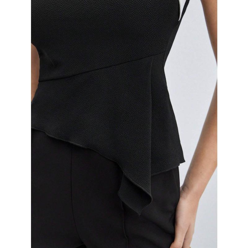 Women Asymmetrical One Shoulder Color Block Peplum Top Sleeveless Fitted Blouse