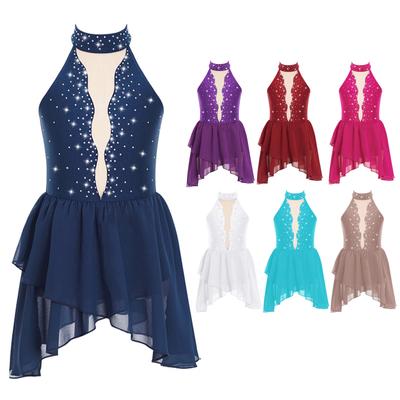 Kids Girls Rhinestone Lyrical Dance Costume Sheer Mesh Patchwork Sleeveless Irregular Hem Dress Dancewear