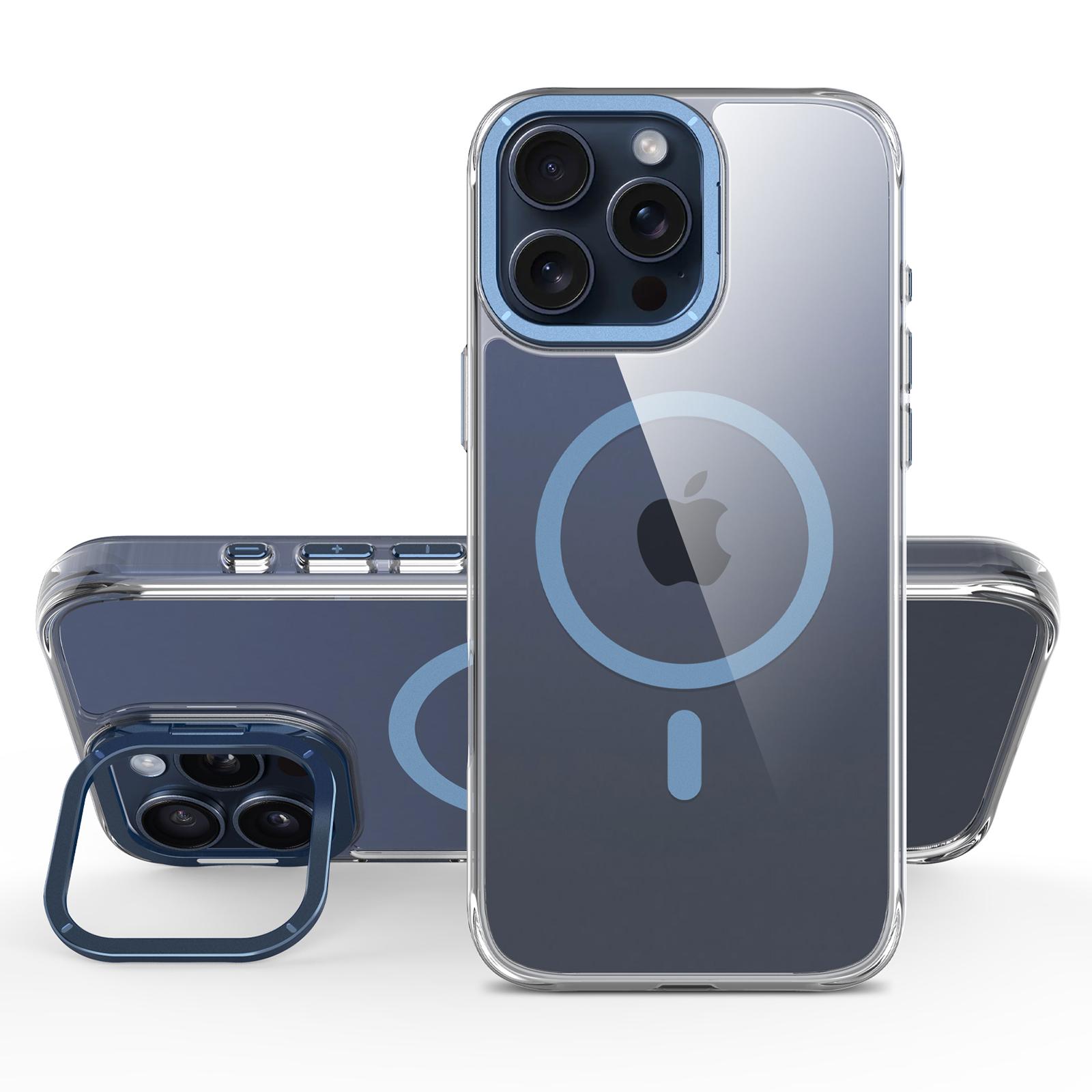 

For iPhone 16 Pro Max Magnetic Case Shockproof TPU+PC Phone Back Cover with Metal Lens Kickstand Blue