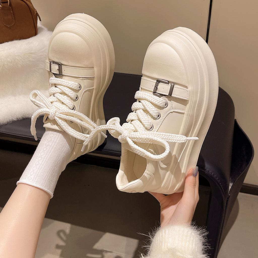 Simple Lace-up Casual Board Shoes Women's 2025 New Autumn Fashion Thick-soled Heightening Flat-soled Sports Shoes White Shoes Tide