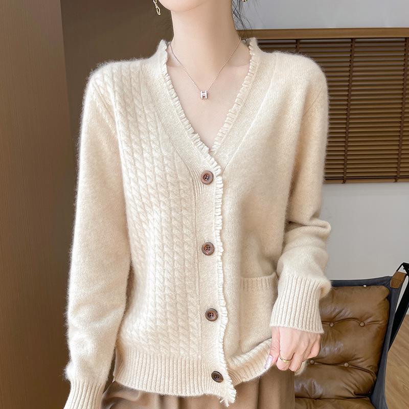Women's 100% Wool V-neck Tassel Edge Cardigan Sweater - Soft, Loose Knit for Spring and Autumn