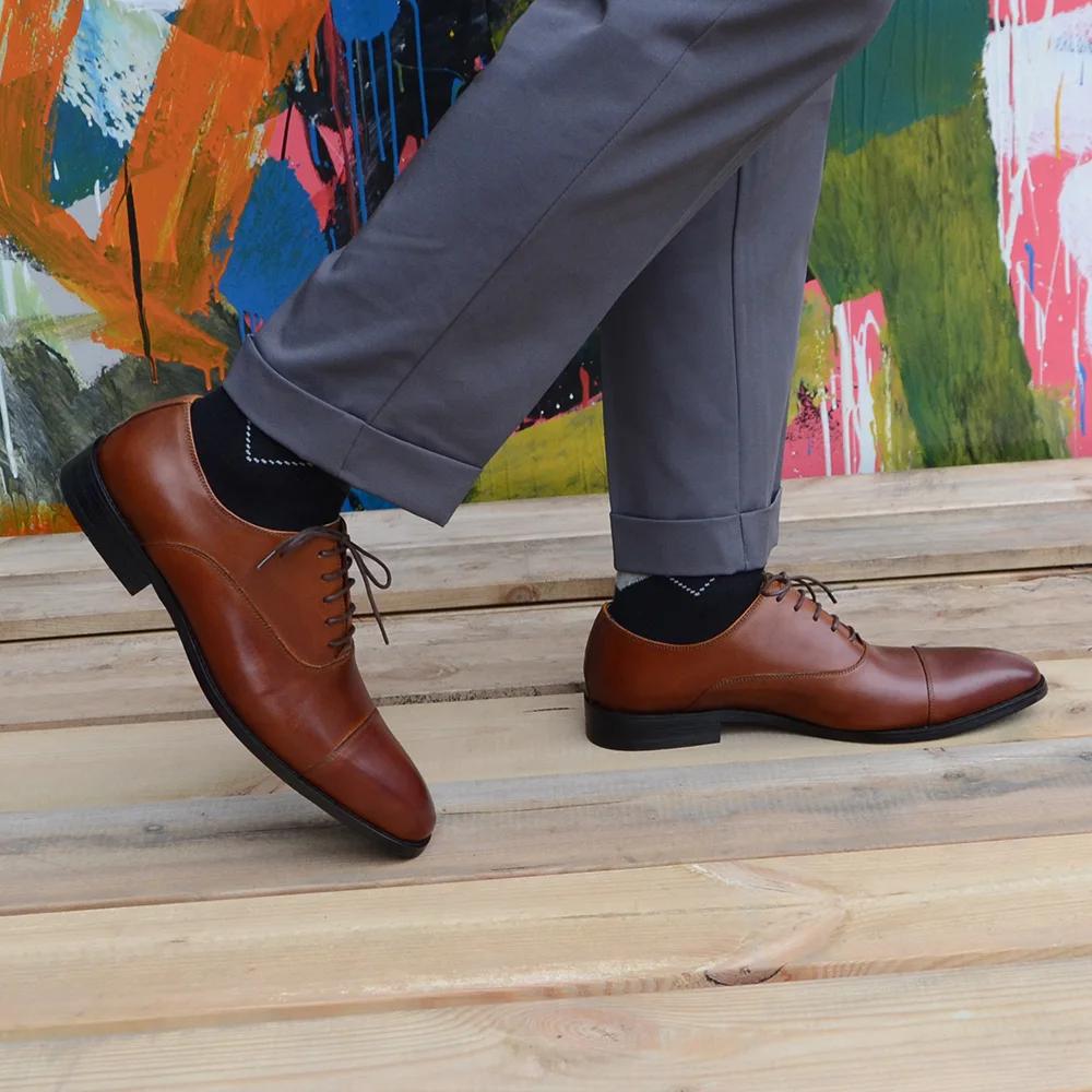 Black Brown Men's Dress Shoes Genuine Leather Cap Toe Oxford Suit Shoes Lace Up Business Office Wedding Formal Footwear Male