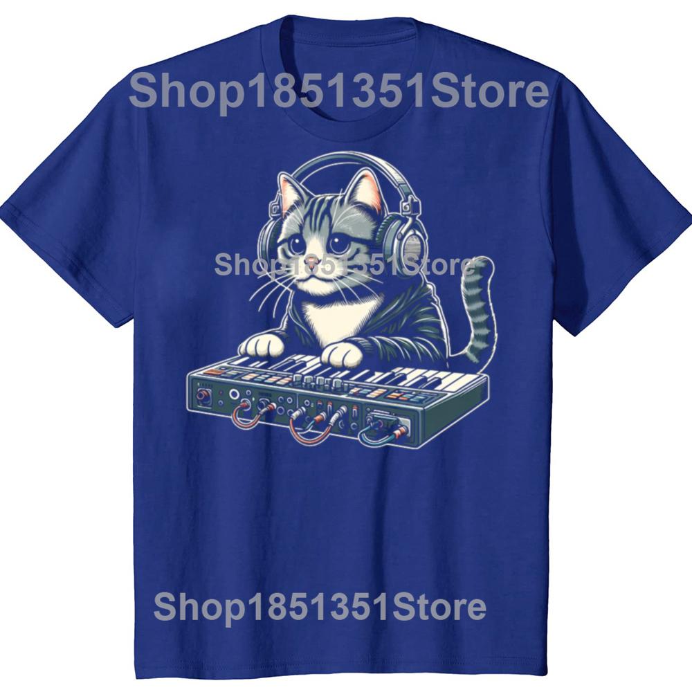 Funny Cat Synthesizer Music Synth Electro Techno Graphic Tshirts Men Fashion Casual Tshirt 100 Cotton Loose Oversized T Shirt