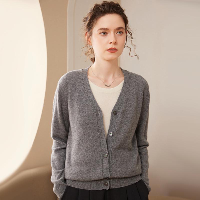 Autumn/Winter Cashmere Knit V-Neck Cardigan – Women's Long Sleeve, Loose Fit, Single-Breasted Top