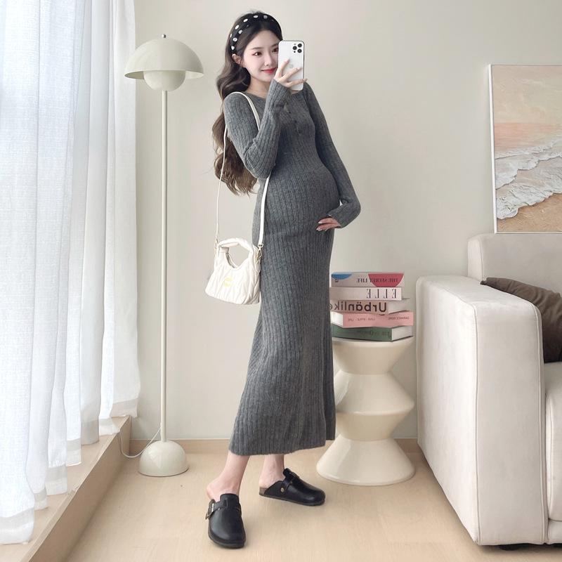 "2024 French Stripe Knit Maternity Sweater Dress - Mid-Length, Ideal for Spring & Autumn"