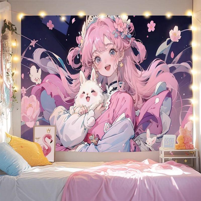 Silver Hairpin Girl White Rabbit Tapestry Wall Hanging Home Decor for Bedroom Living Room Dorm Flower Anime Aesthetic
