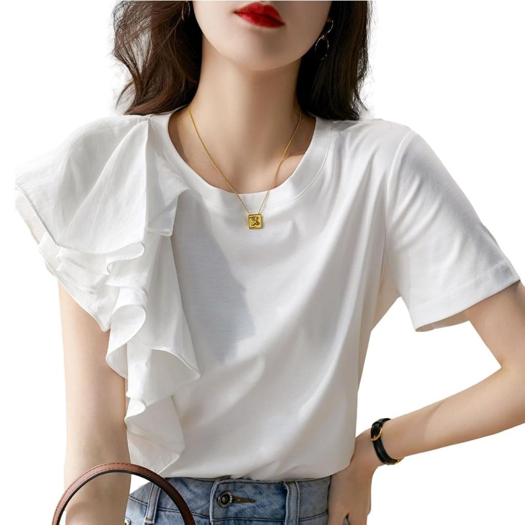 J-Scott Ruffle Sleeve T-Shirt, Mixed Fabric, Asymmetrical, Short Sleeve, High-Quality Cotton Blend, Casual, White, JS51-WH-3XL (Limited Stock)