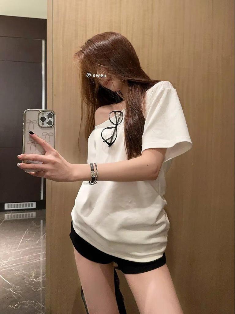 Spicy Girl Asymmetrical Neck Short-Sleeve T-Shirt - Women's Summer 2025 Korean Style Loose Slimming Top