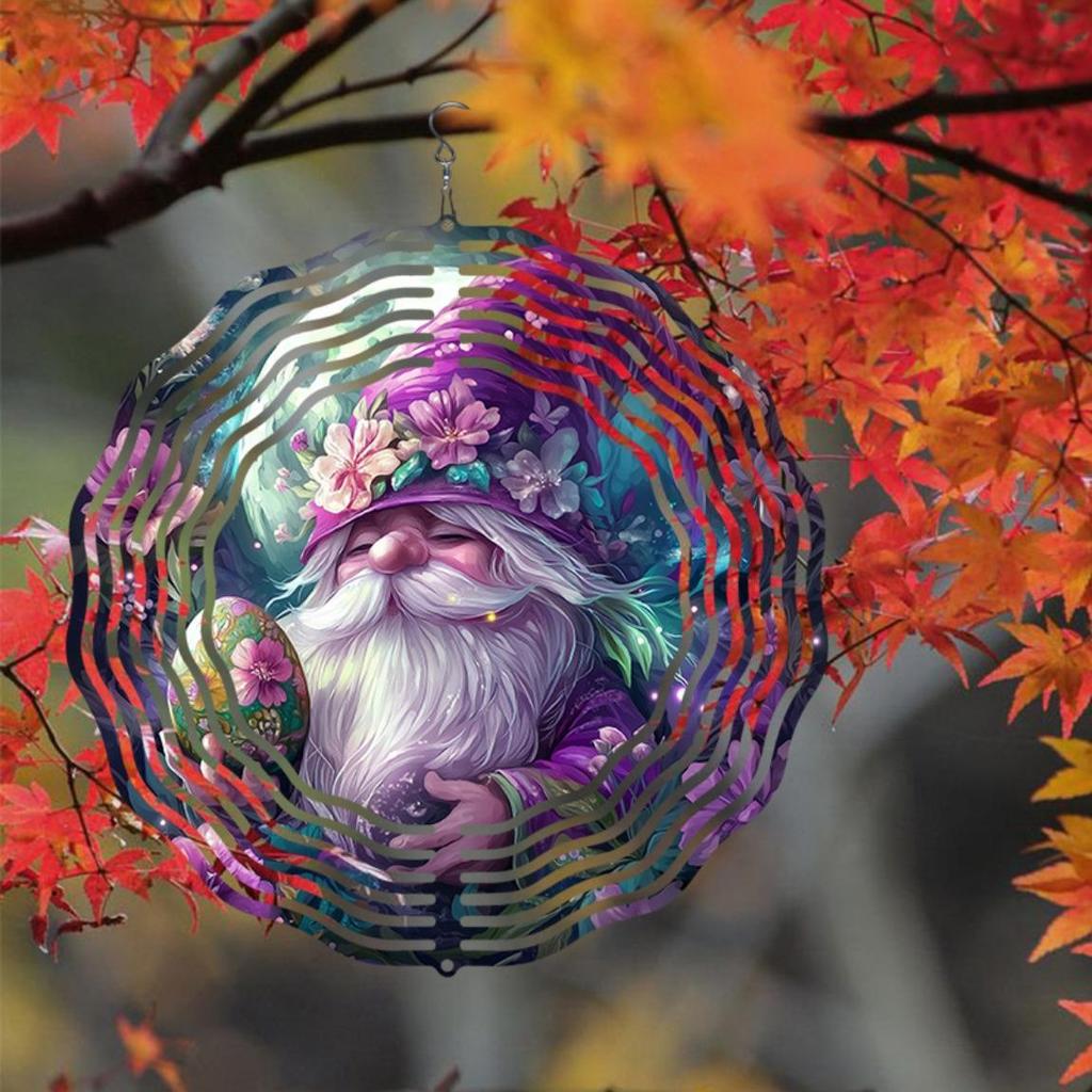 Enchanting Purple Gnome Wind Chime Outdoor Decor Rotating Kinetic Art Moonlit Garden Floral Easter Egg Design Patio Lawn Gift