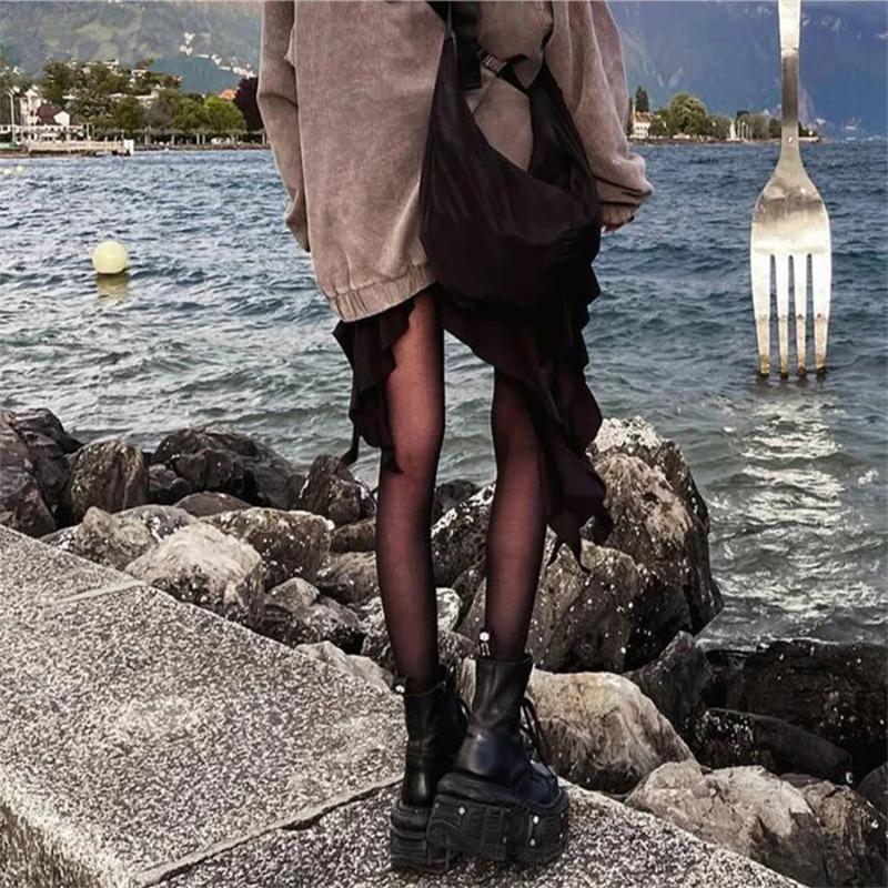 Fashion Punk Style Women Boots Lace-up Heel Height Platform Shoes Woman Gothic Ankle Rock Boots Metal Decor Woman Sneakers 2025