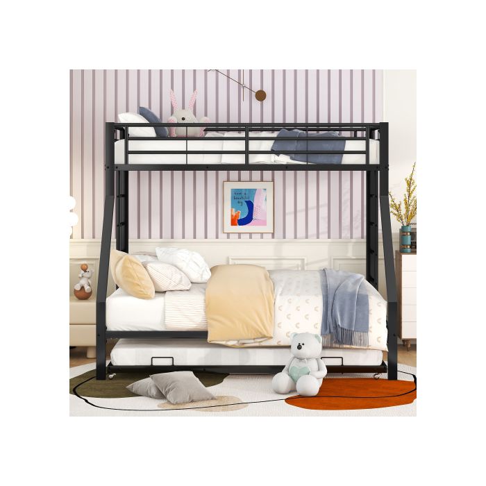 Lit Superposé En Métal - MUVOE - 90(140)x200 Cm - Noir - Échelle Des Deux Côtés - Lit Escamotable