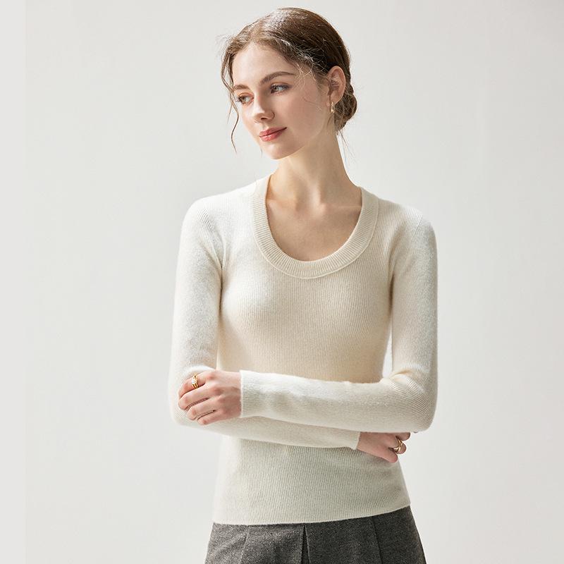 V-neck Women's Slim-fit Cashmere Sweater - 2026 Autumn/Winter Ribbed Elegant Solid Color Pullover