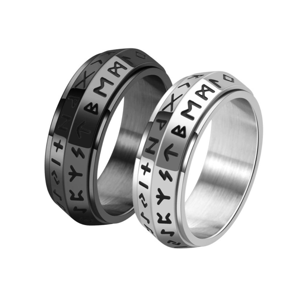 Unisex Rotating Titanium Steel Ring with Ancient Norse Runes Gothic Style Jewelry for Men