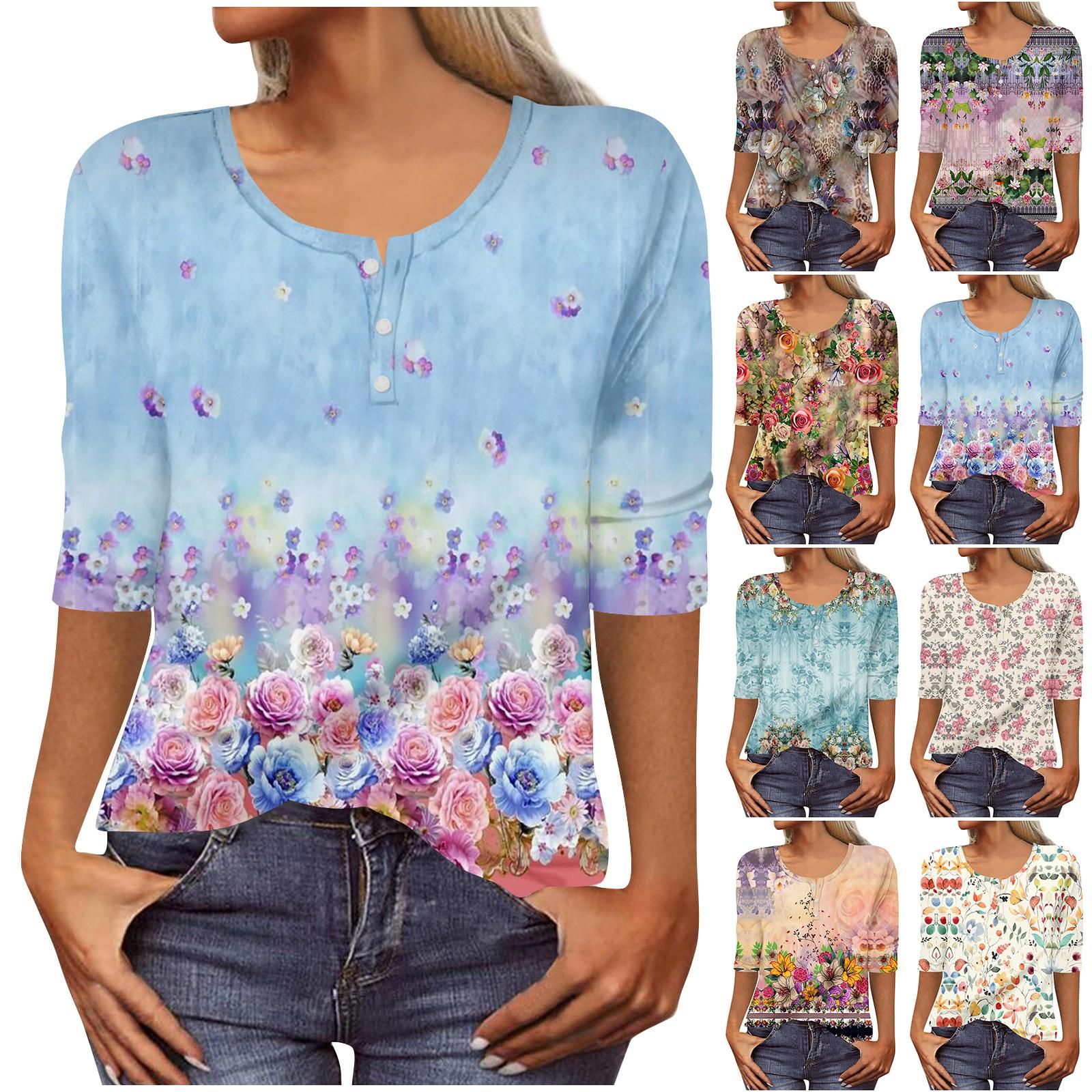 

Women s Fashion Casual 3/4 Sleeve Buttons Print U-Neck Pullover Top Blouse