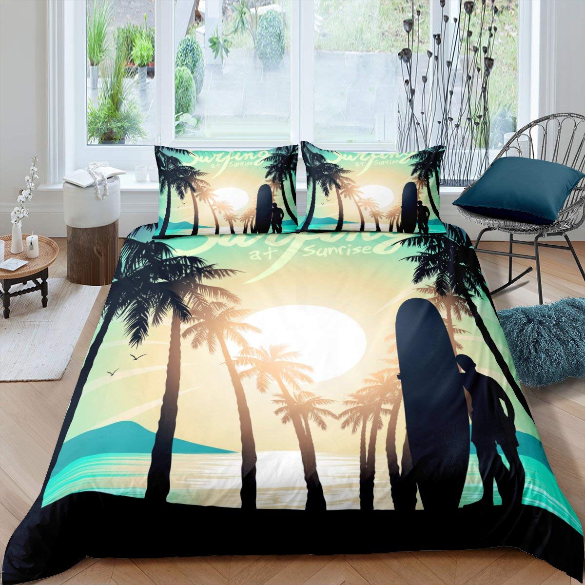

Palm Tree Duvet Cover Set Atoll Lake Bedding Set Miami Florida Sunset Comforter Cover Atlantic Ocean Natural Scene Quilt Cover Tool EU single(135x200cm)