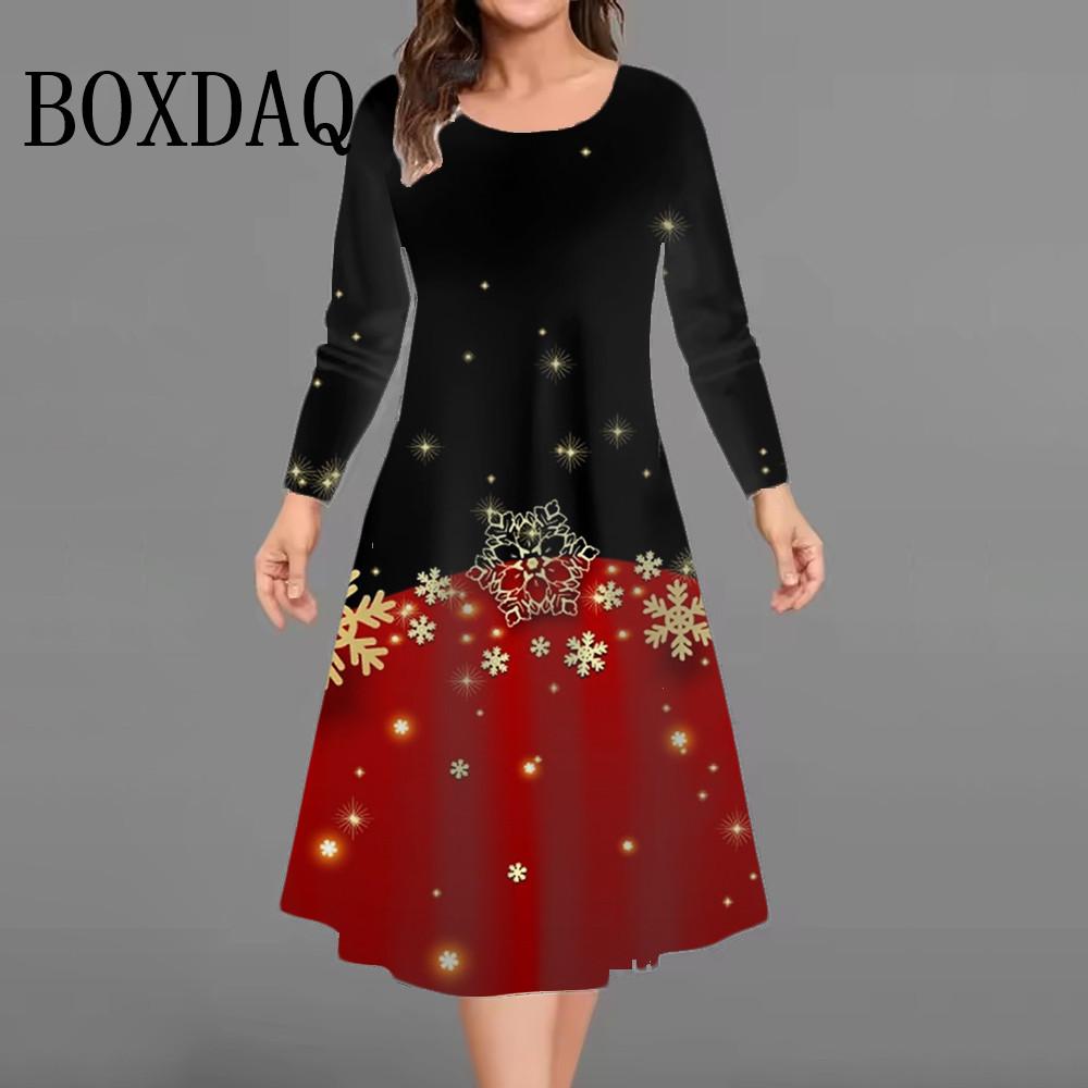 Winter Christmas Party Dress Autumn Women Long Sleeve A-Line Dresses Women Christmas Snowflakes Casual Plus Size Dress