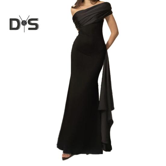 

Женское вечернее платье с косым вырезом и открытыми плечами, без рукавов, плиссированное, со шнуровкой, декор в виде пояса, нестандартный дизайн, облегающее платье для выпускного вечера, летнее платье макси S чёрный