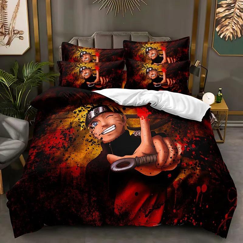 Narutos Uzumakizd Pattern Bedding Set Anime Printed Polyester Pillowcase Quilt Set 3-Piece Kids Adult Cover Set Double Twin King