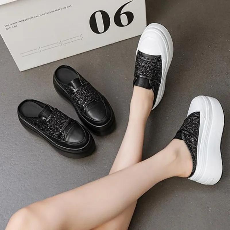 Fashion 8cm 2024 Synthetic Microfiber Leather Women Bling Sandals Shoes High Brand Autumn Fashion Platform Wedge Slippers Summer Pumps