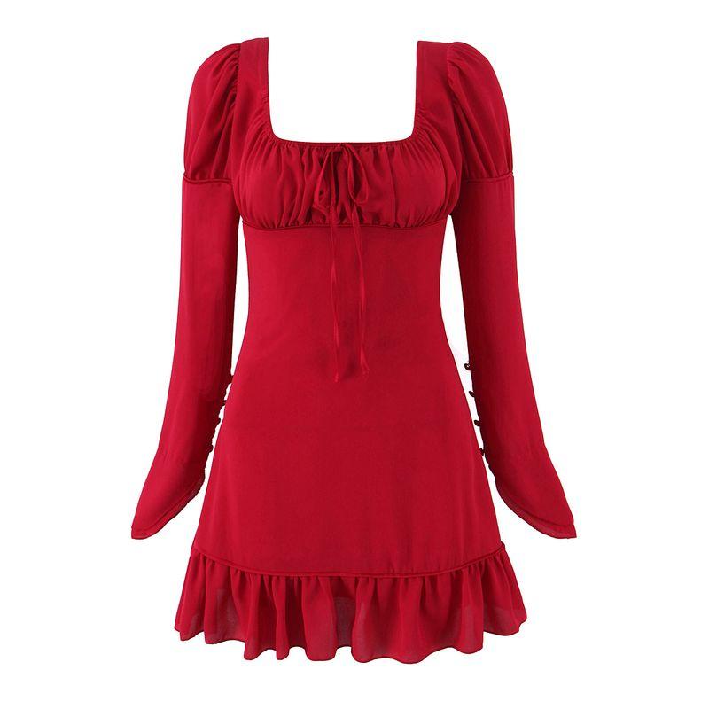 

Candlelight Outline French style Romantic Retro Niche Design Dress Pure Desire Slim fit Show Figure Lotus Leaf Pendulum Short dress Red atmosphere. L