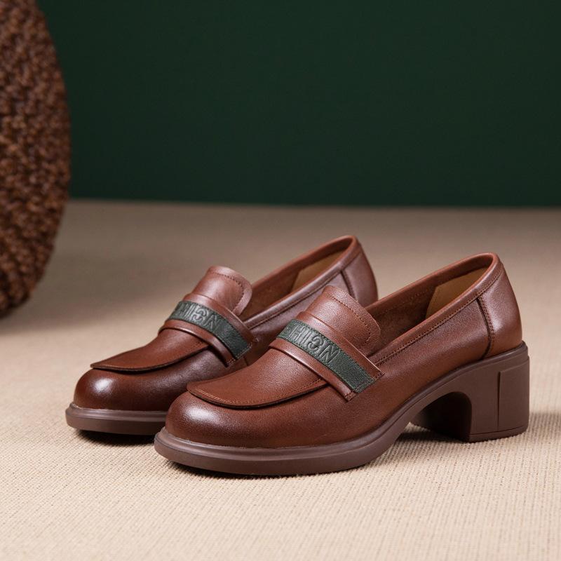 

Женские туфли из первого слоя коровьей кожи, новые на весну и осень, кожаные лоферы на мягкой подошве и устойчивом каблуке в британском ретро-стиле 40